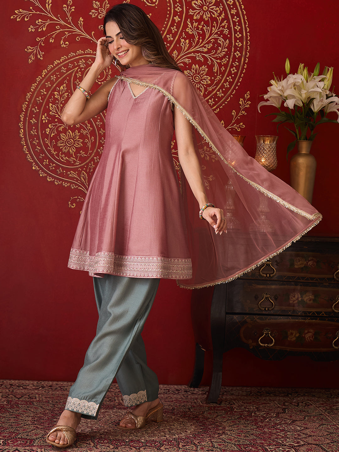Janasya Women's Dusky Pink Silk Blend Zari Embroidered A-Line Kurti Salwar And Dupatta Set