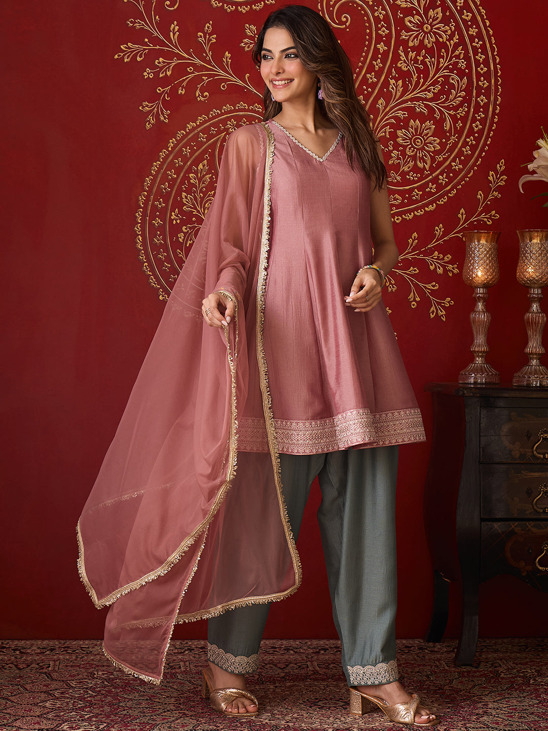 Janasya Women's Dusky Pink Silk Blend Zari Embroidered A-Line Kurti Salwar And Dupatta Set