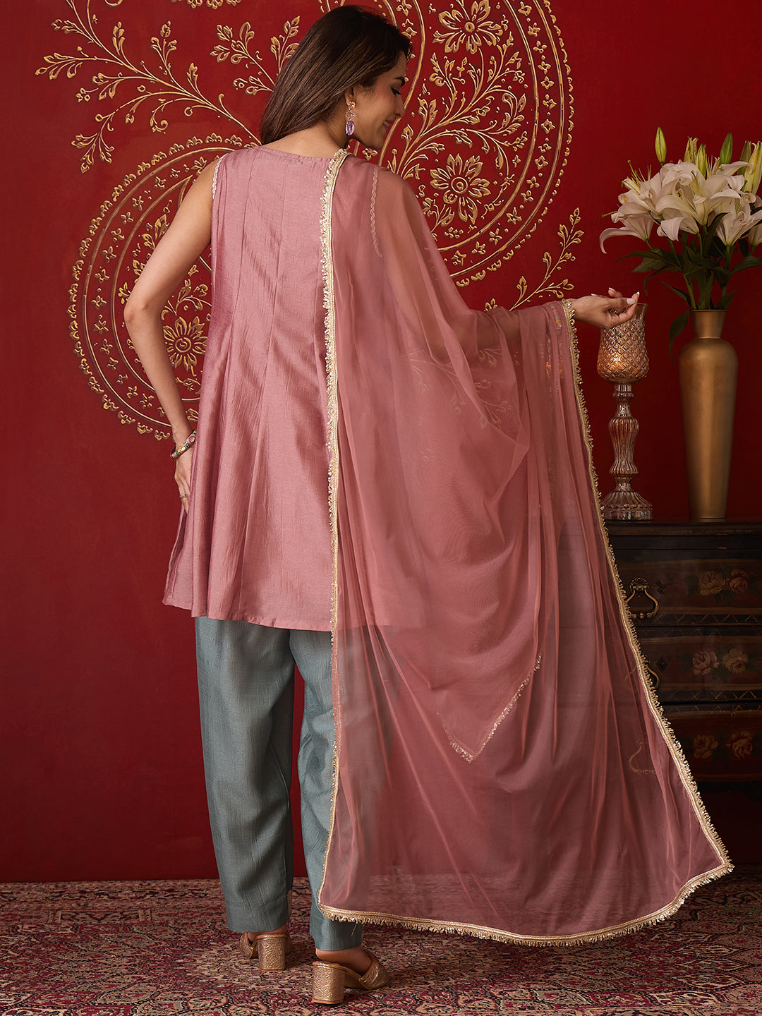 Janasya Women's Dusky Pink Silk Blend Zari Embroidered A-Line Kurti Salwar And Dupatta Set