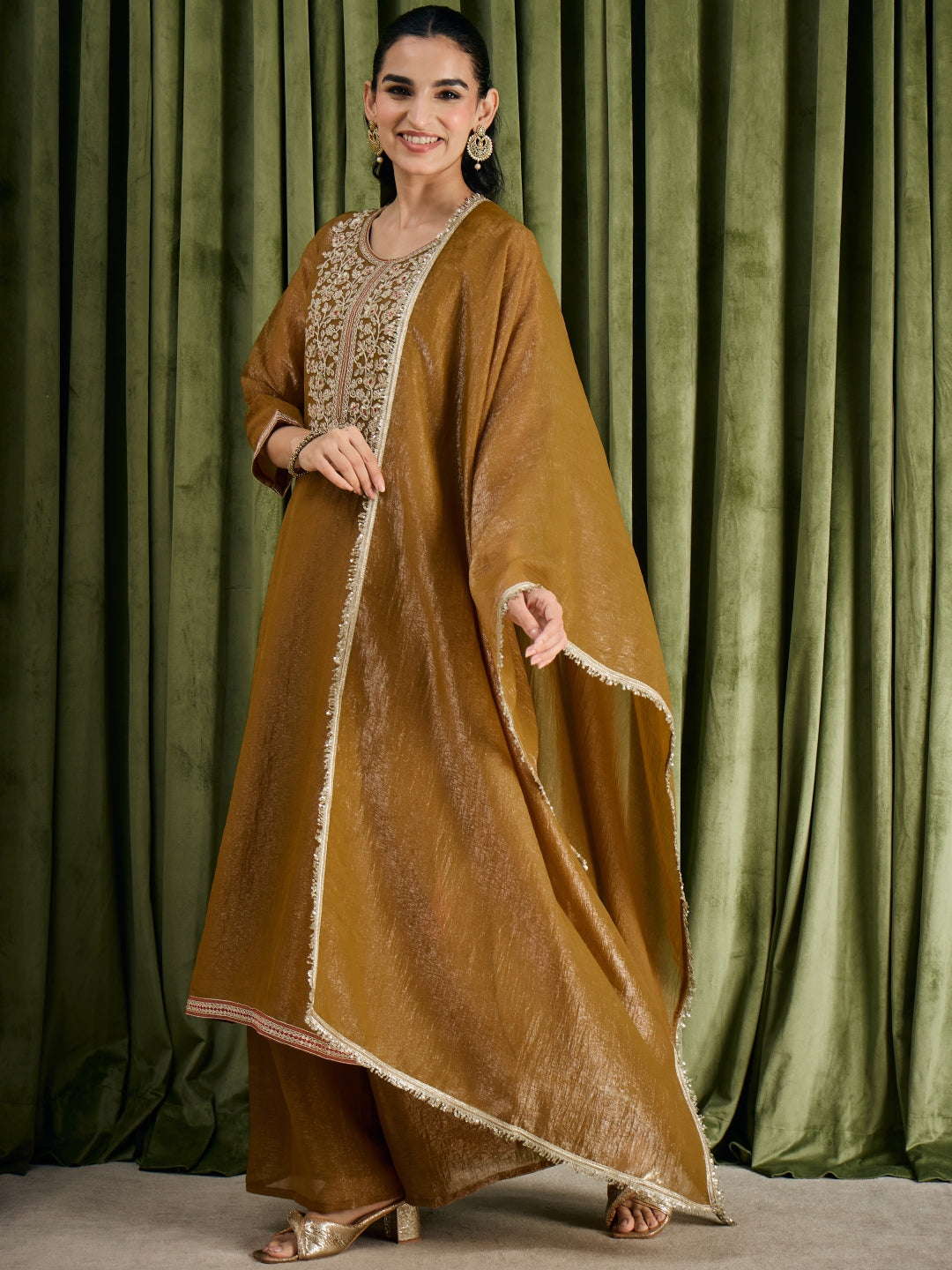 Janasya Women's Olive Musturd Tissue Silk Floral Zari Yoke Embroidered Straight Kurta with Palazzo And Dupatta Set
