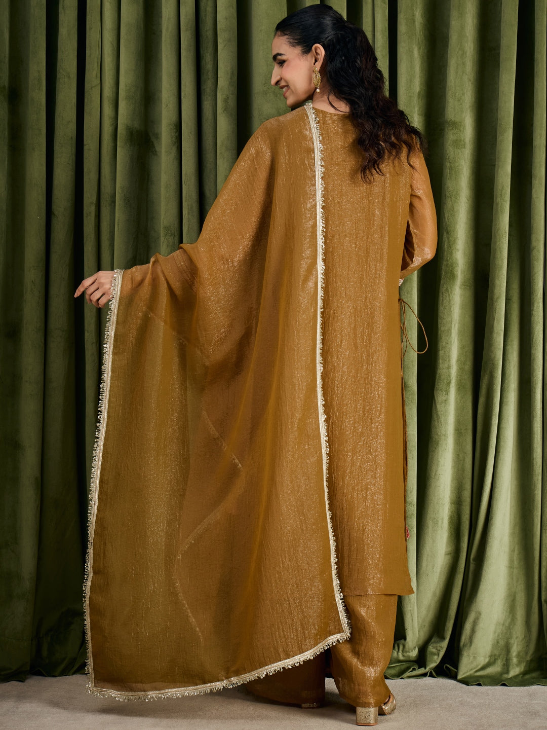 Janasya Women's Olive Musturd Tissue Silk Floral Zari Yoke Embroidered Straight Kurta with Palazzo And Dupatta Set