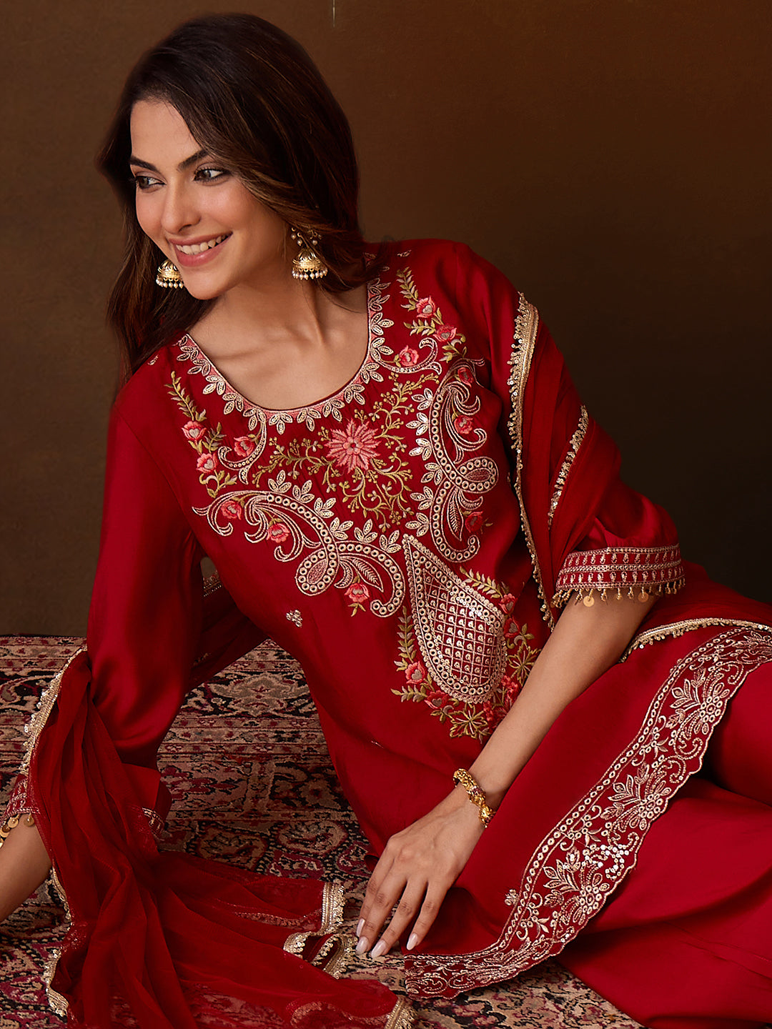 Janasya Women's Maroon Chanderi Silk Floral Embroidered Straight Kurta Set