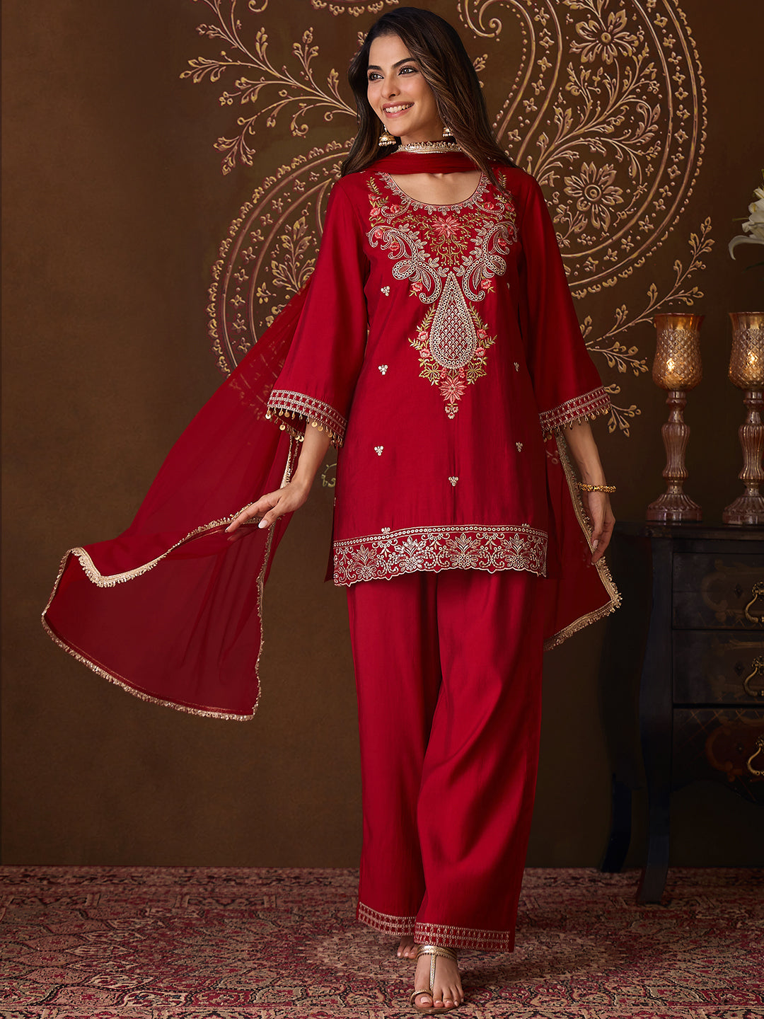 Janasya Women's Maroon Chanderi Silk Floral Embroidered Straight Kurta Set