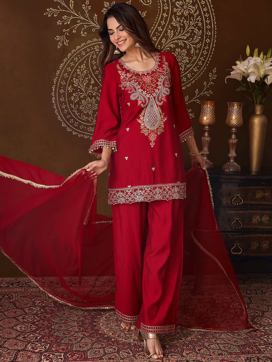 Janasya Women's Maroon Chanderi Silk Floral Embroidered Straight Kurta Set