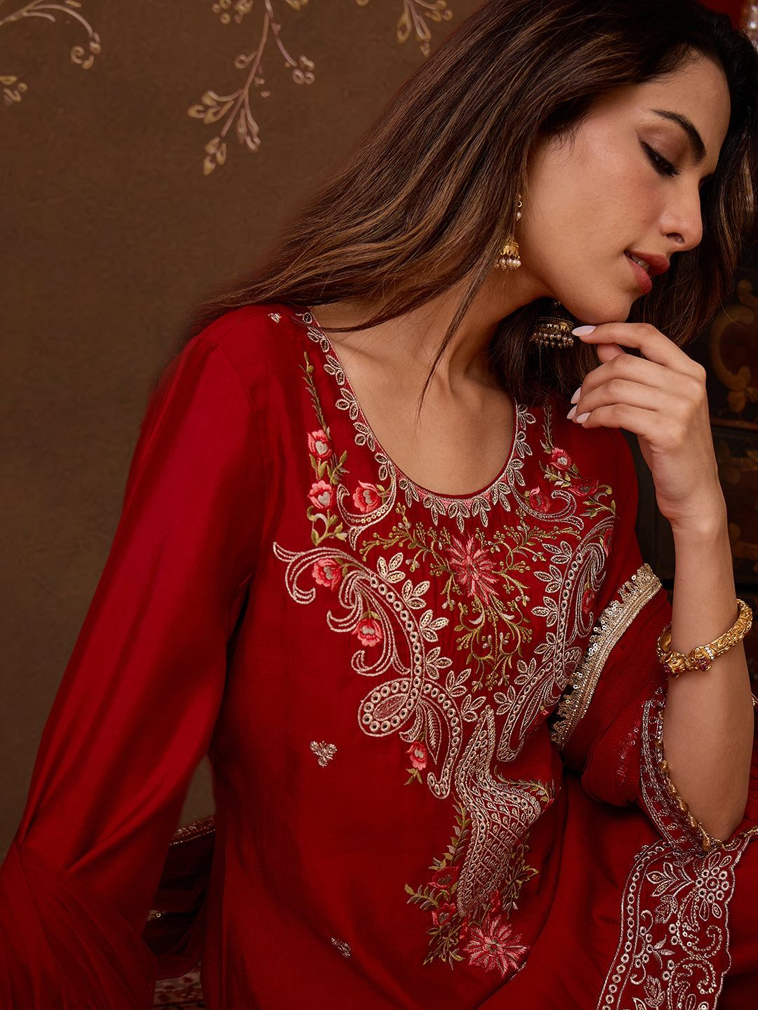 Janasya Women's Maroon Chanderi Silk Floral Embroidered Straight Kurta Set