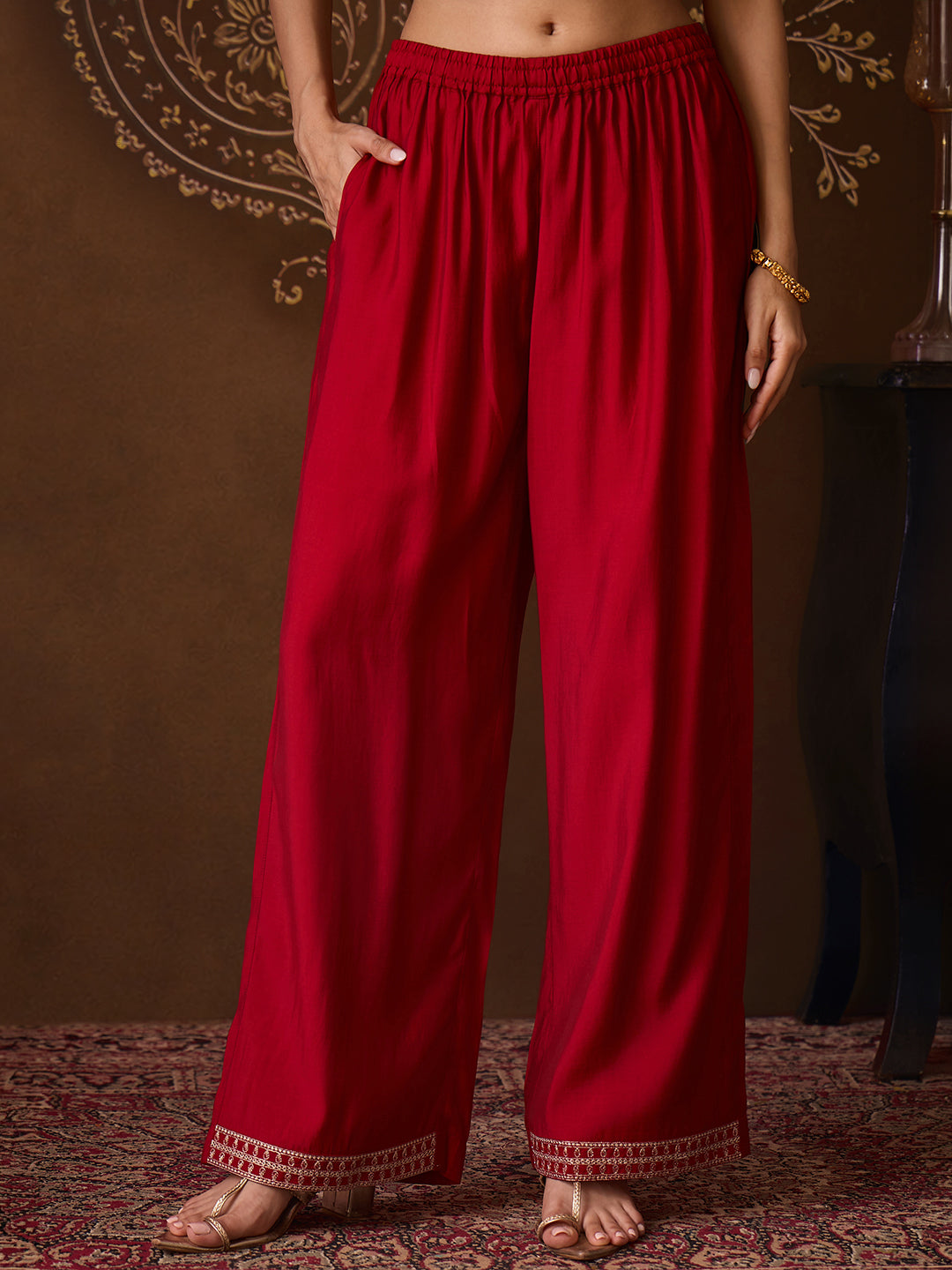 Janasya Women's Maroon Chanderi Silk Floral Embroidered Straight Kurta Set