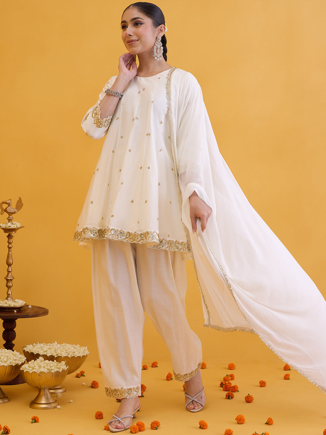 Janasya Women's Off White Chanderi Silk Floral Embroidered A-Line Kurta Set