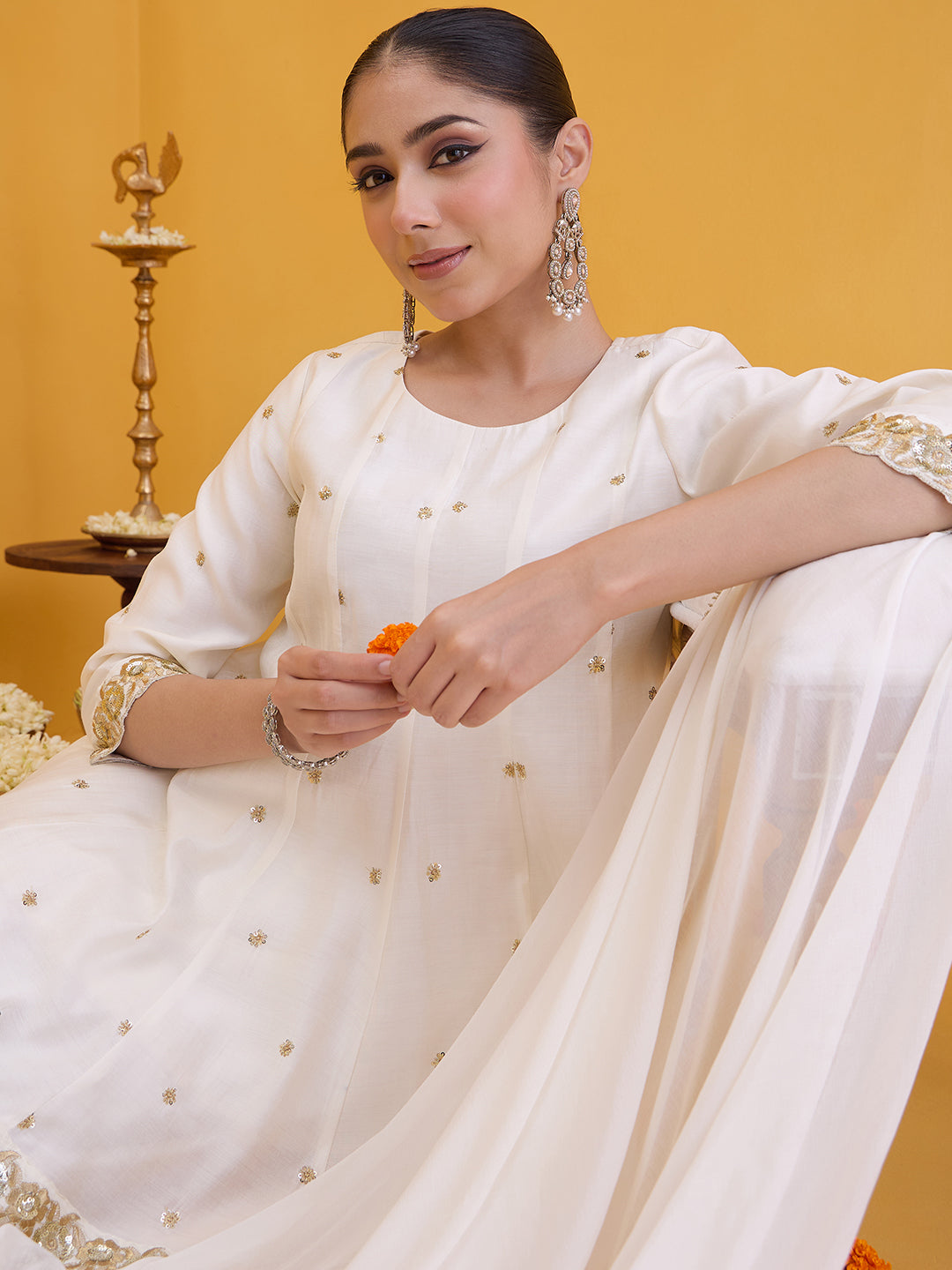 Janasya Women's Off White Chanderi Silk Floral Embroidered A-Line Kurta Set