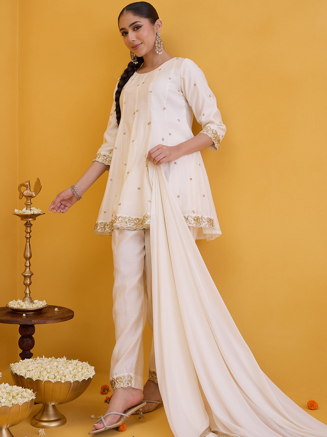 Janasya Women's Off White Chanderi Silk Floral Embroidered A-Line Kurta Set