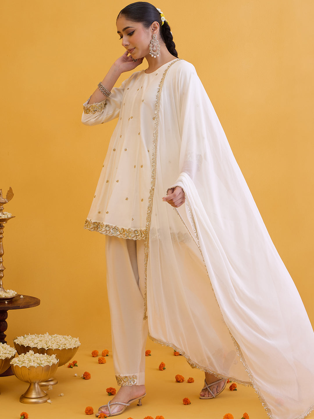 Janasya Women's Off White Chanderi Silk Floral Embroidered A-Line Kurta Set
