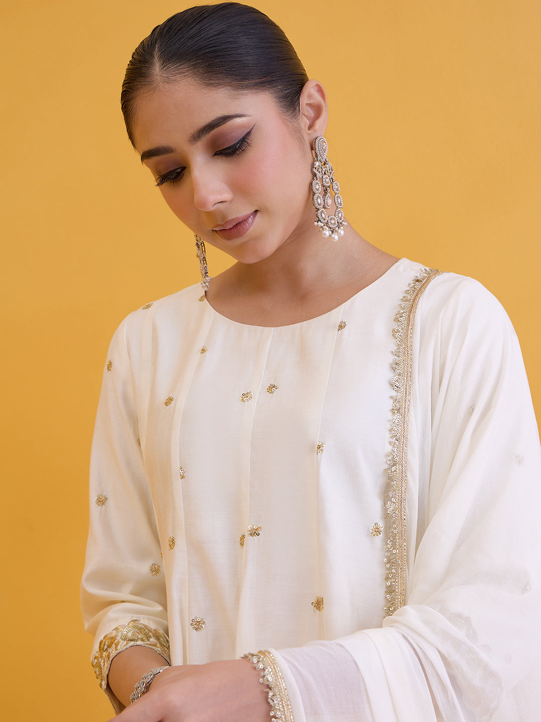 Janasya Women's Off White Chanderi Silk Floral Embroidered A-Line Kurta Set