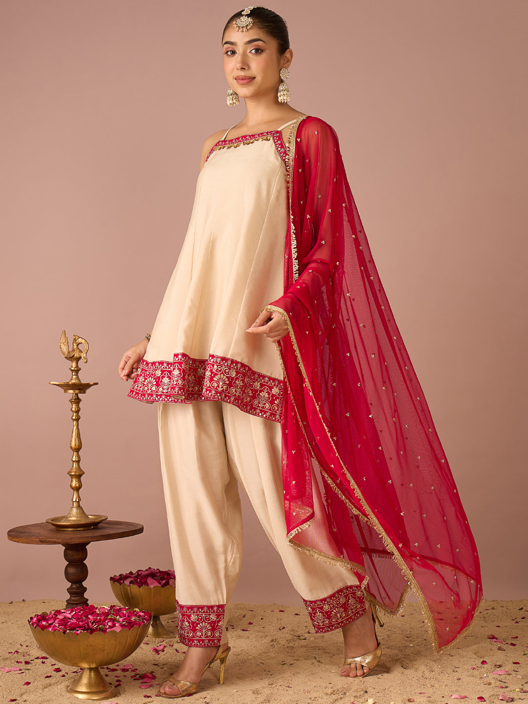 Janasya Women's Beige Silk Blend Floral Pearl And Zari Embroidered A-Line Kurta with Salwar And Dupatta Set