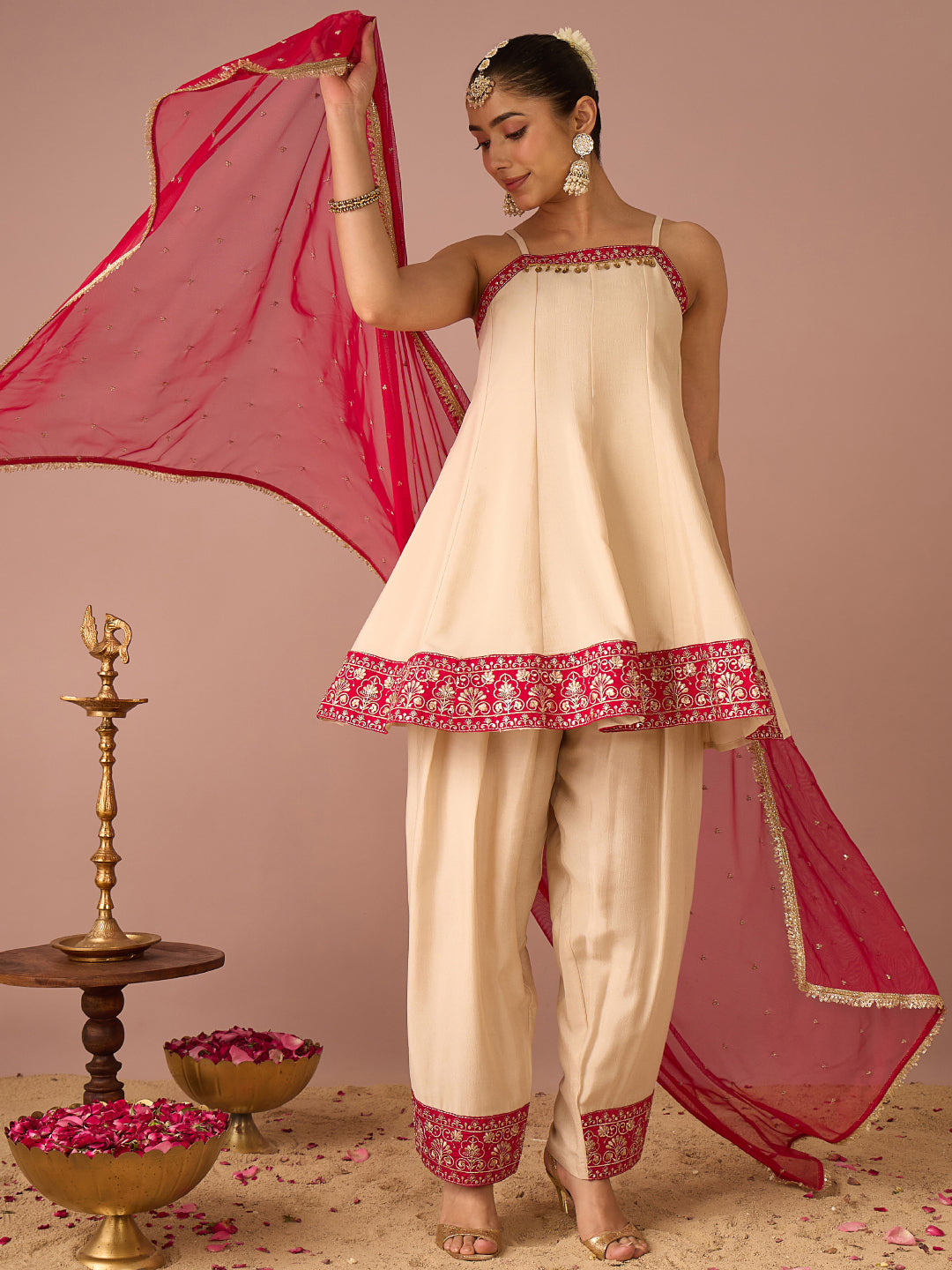 Janasya Women's Beige Silk Blend Floral Pearl And Zari Embroidered A-Line Kurta with Salwar And Dupatta Set