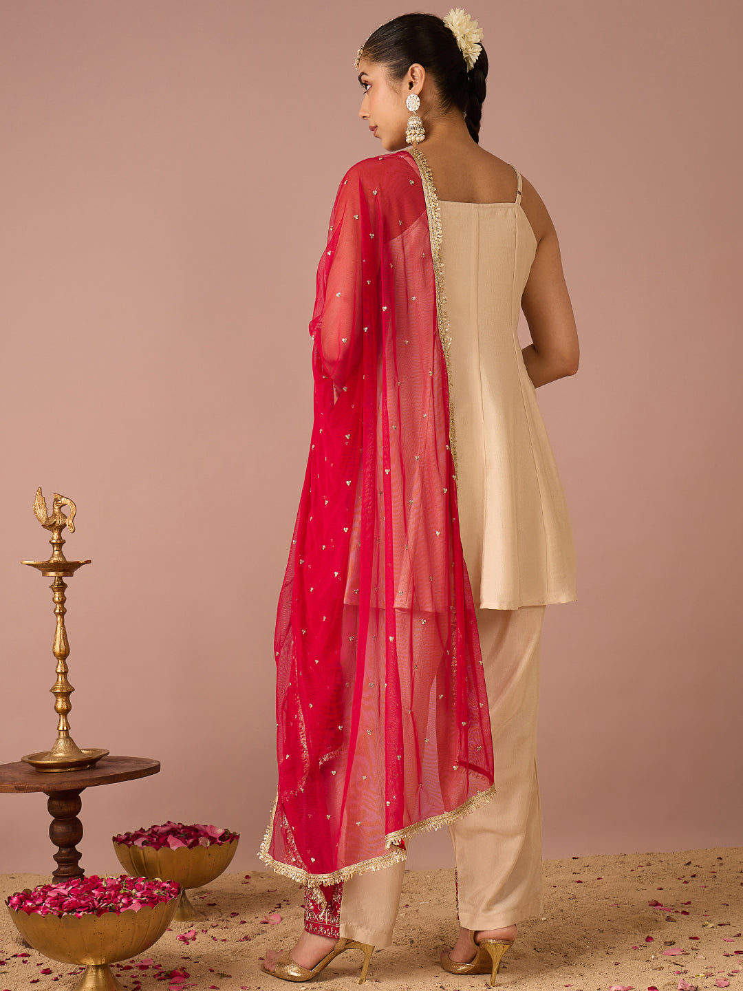 Janasya Women's Beige Silk Blend Floral Pearl And Zari Embroidered A-Line Kurta with Salwar And Dupatta Set