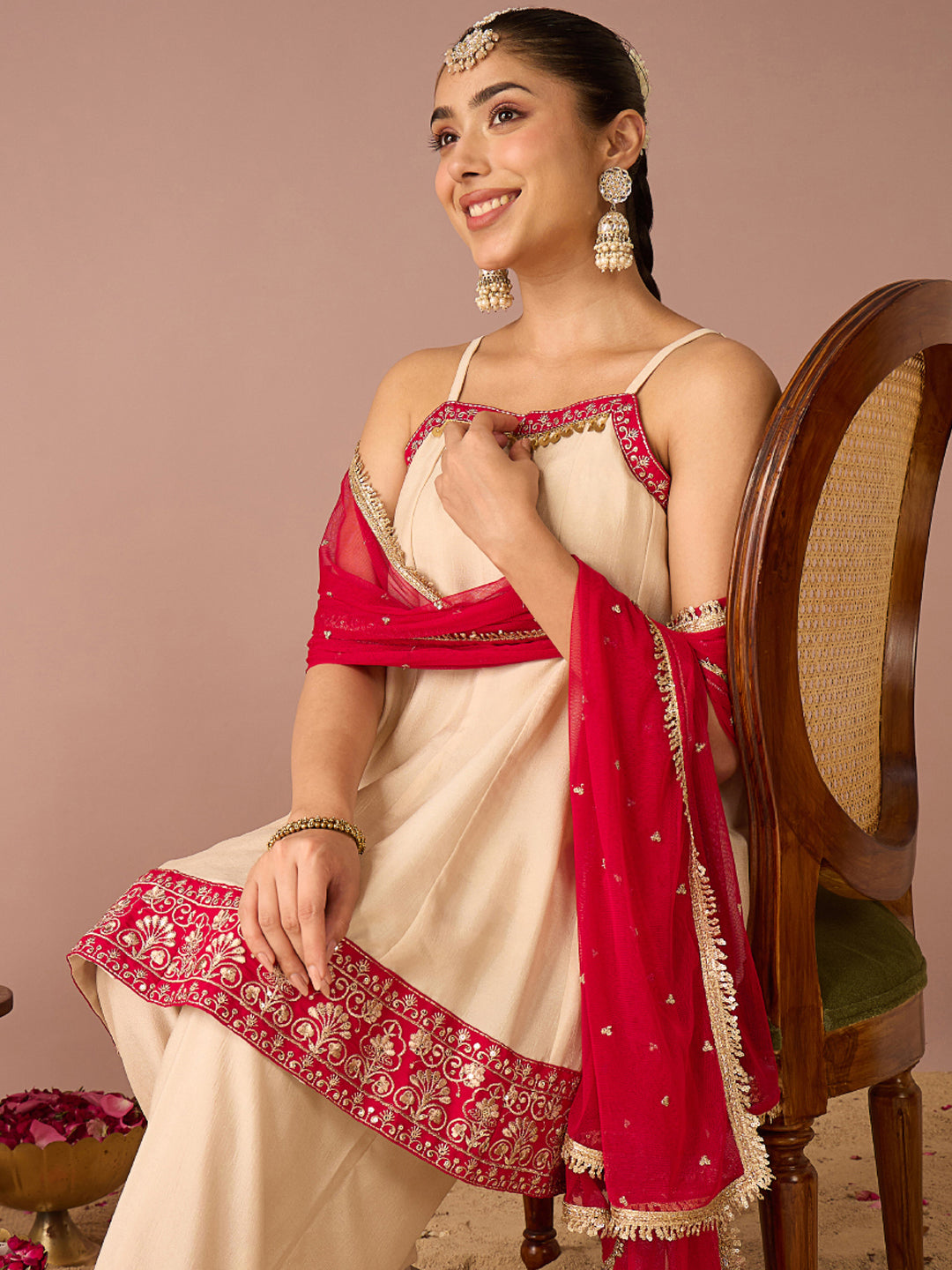 Janasya Women's Beige Silk Blend Floral Pearl And Zari Embroidered A-Line Kurta with Salwar And Dupatta Set