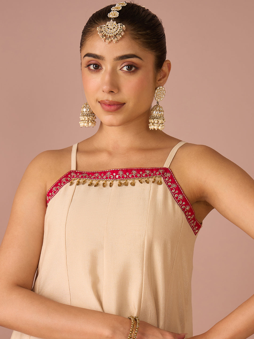 Janasya Women's Beige Silk Blend Floral Pearl And Zari Embroidered A-Line Kurta with Salwar And Dupatta Set