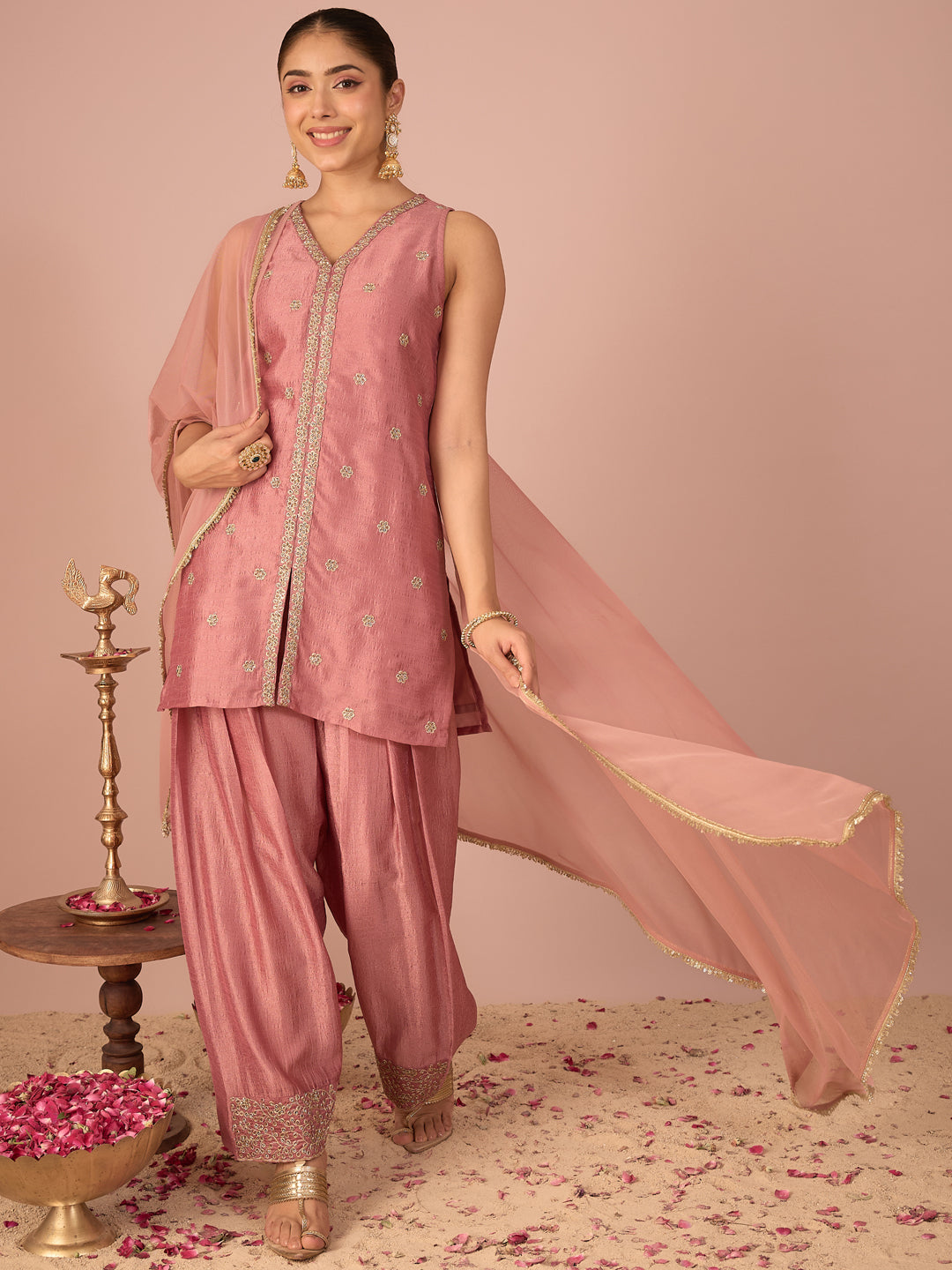 Janasya Women's Dusky Pink Silk Blend Floral Pearls and Zari Embroidered Straight Kurta Salwar and Dupatta Set