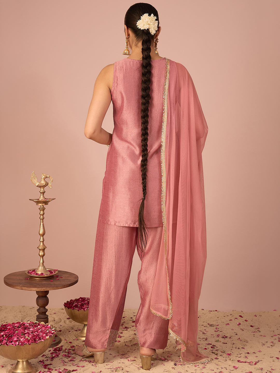 Janasya Women's Dusky Pink Silk Blend Floral Pearls and Zari Embroidered Straight Kurta Salwar and Dupatta Set