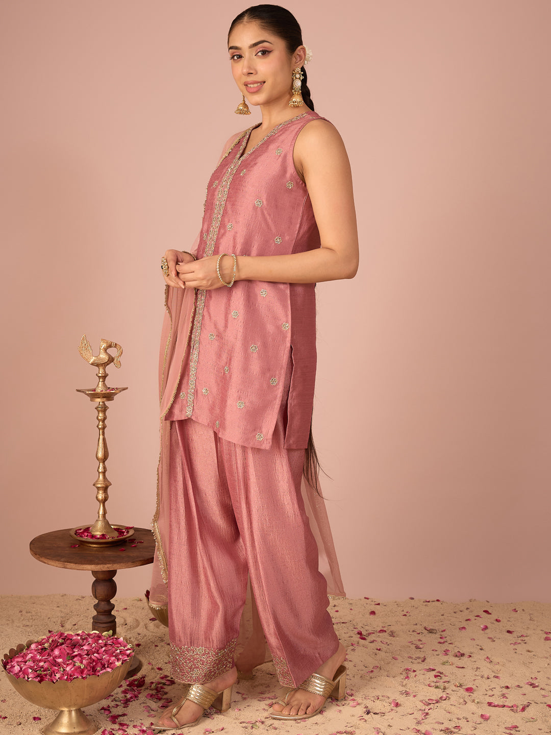 Janasya Women's Dusky Pink Silk Blend Floral Pearls and Zari Embroidered Straight Kurta Salwar and Dupatta Set