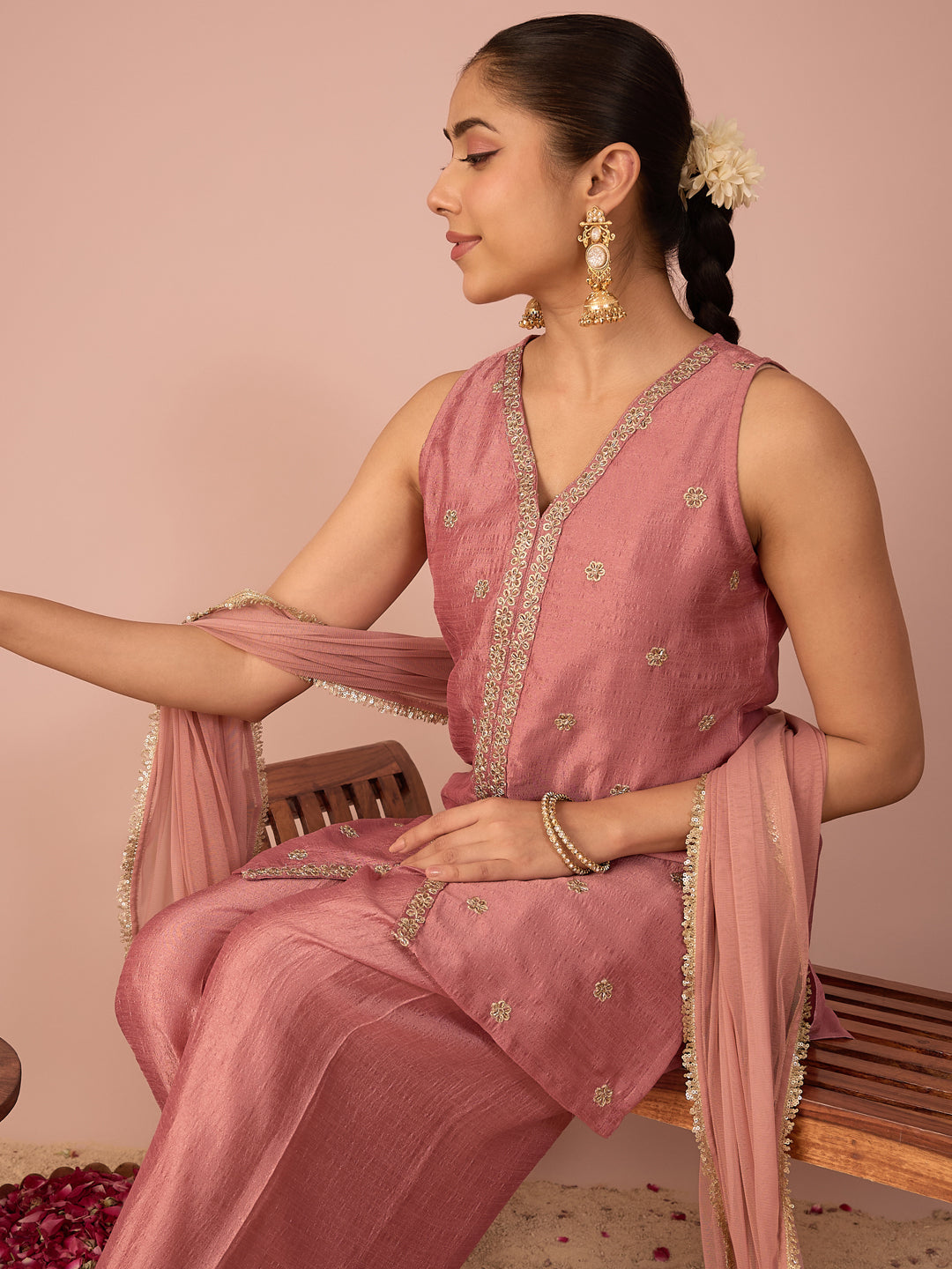 Janasya Women's Dusky Pink Silk Blend Floral Pearls and Zari Embroidered Straight Kurta Salwar and Dupatta Set