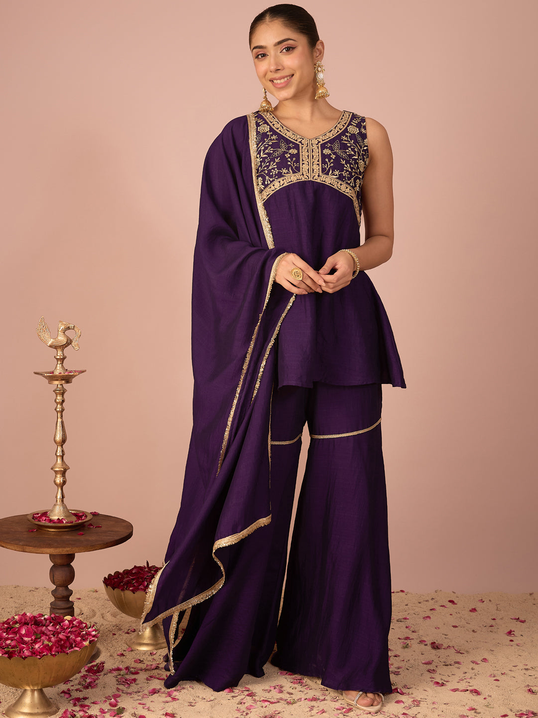 Janasya Women's Purple Silk Blend Floral Zari Yoke Embroidered A-Line Kurta with Sharara And Dupatta Set