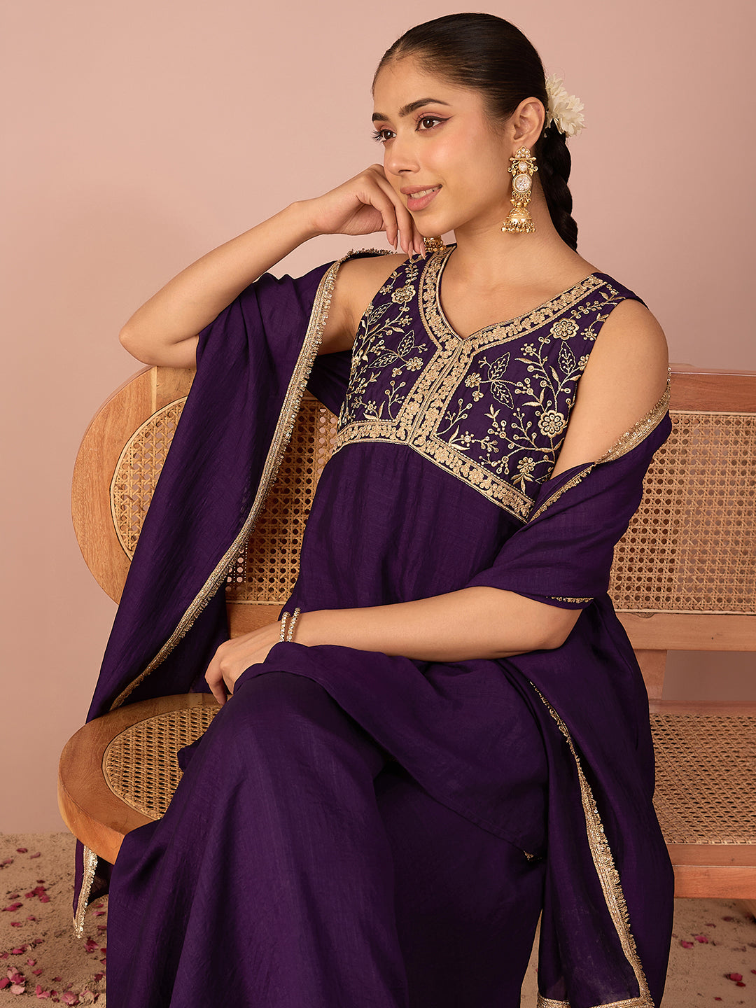Janasya Women's Purple Silk Blend Floral Zari Yoke Embroidered A-Line Kurta with Sharara And Dupatta Set