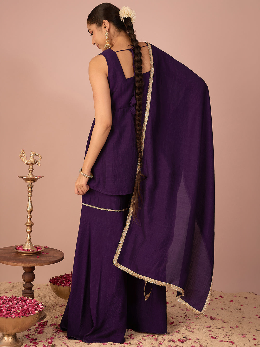 Janasya Women's Purple Silk Blend Floral Zari Yoke Embroidered A-Line Kurta with Sharara And Dupatta Set