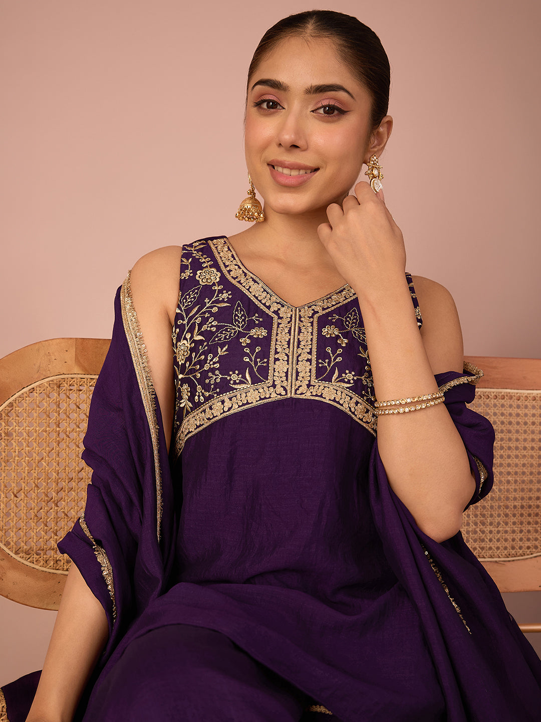 Janasya Women's Purple Silk Blend Floral Zari Yoke Embroidered A-Line Kurta with Sharara And Dupatta Set