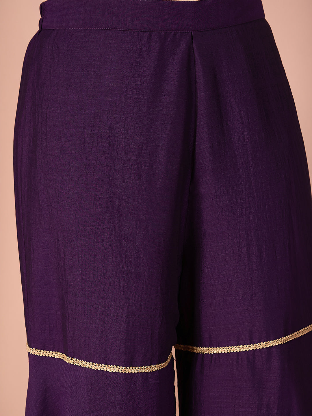 Janasya Women's Purple Silk Blend Floral Zari Yoke Embroidered A-Line Kurta with Sharara And Dupatta Set