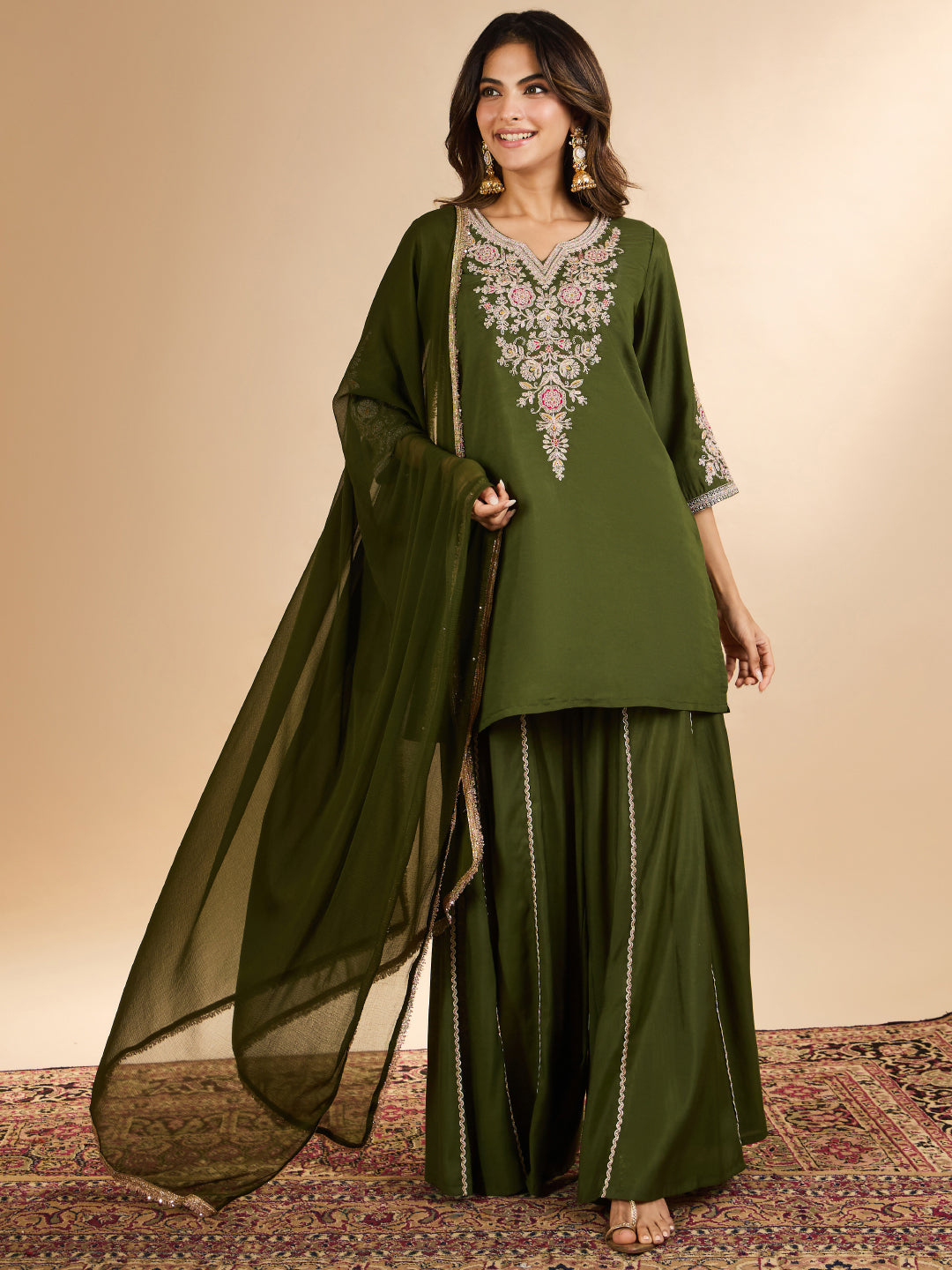 Janasya Women's Olive Green Chanderi Silk Floral Zari Embroidered Straight Kurta with Sharara and Dupatta Set