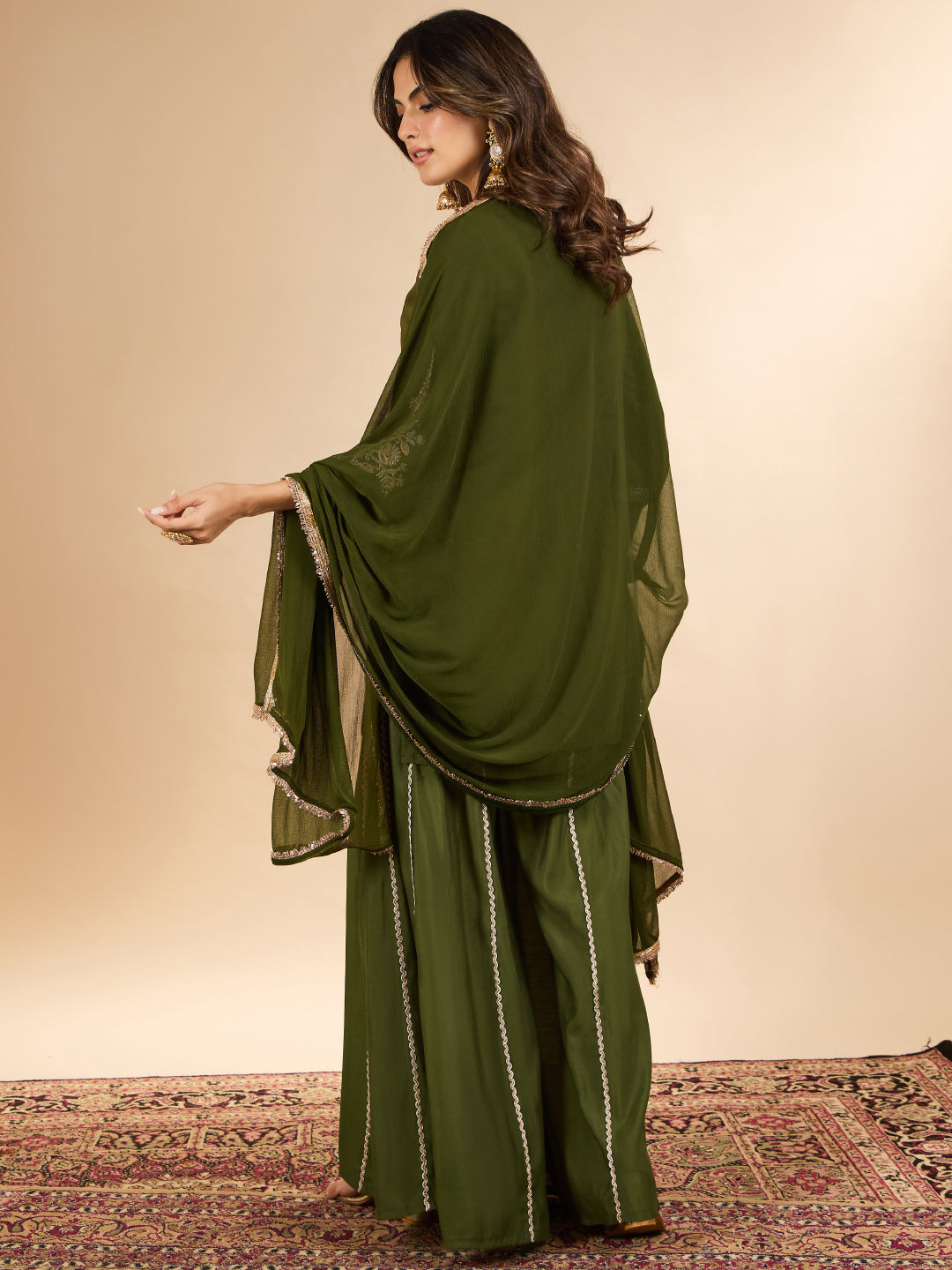 Janasya Women's Olive Green Chanderi Silk Floral Zari Embroidered Straight Kurta with Sharara and Dupatta Set