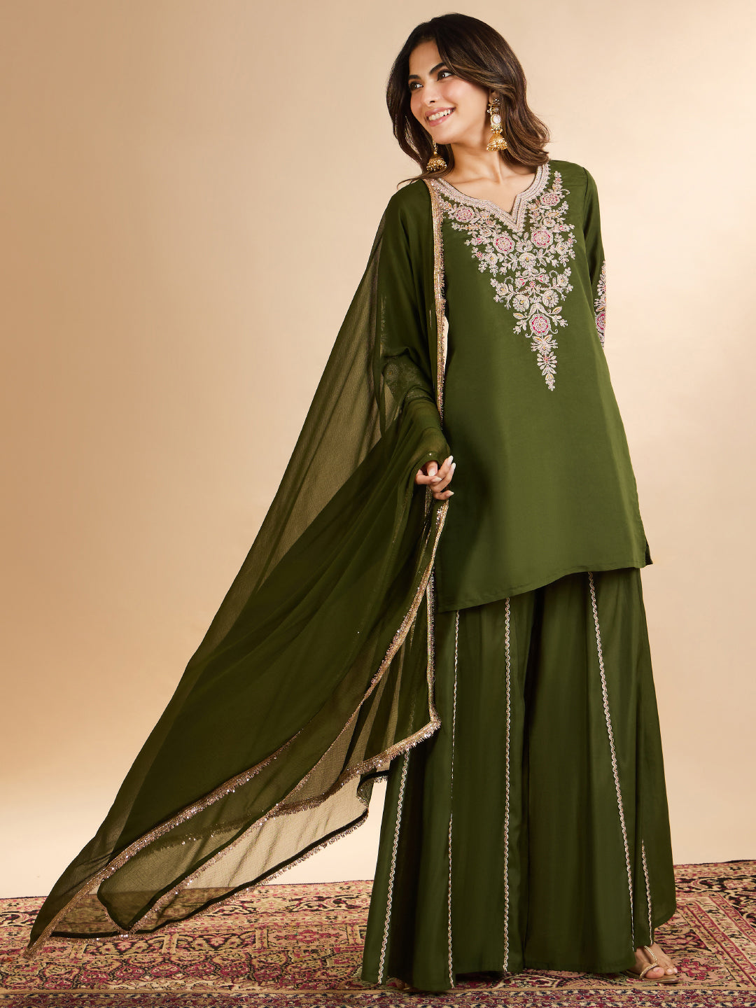 Janasya Women's Olive Green Chanderi Silk Floral Zari Embroidered Straight Kurta with Sharara and Dupatta Set