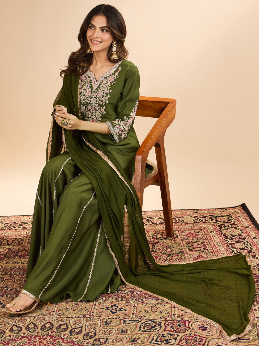Janasya Women's Olive Green Chanderi Silk Floral Zari Embroidered Straight Kurta with Sharara and Dupatta Set