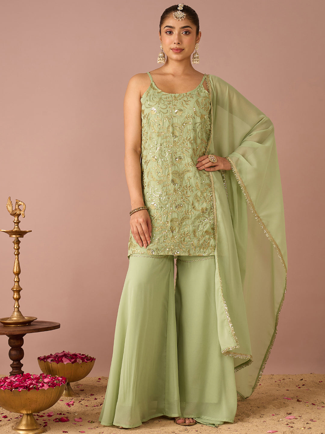 Janasya Women's Mint Green Georgette Floral Zari Embroidered Straight Kurta with Sharara & Dupatta Set