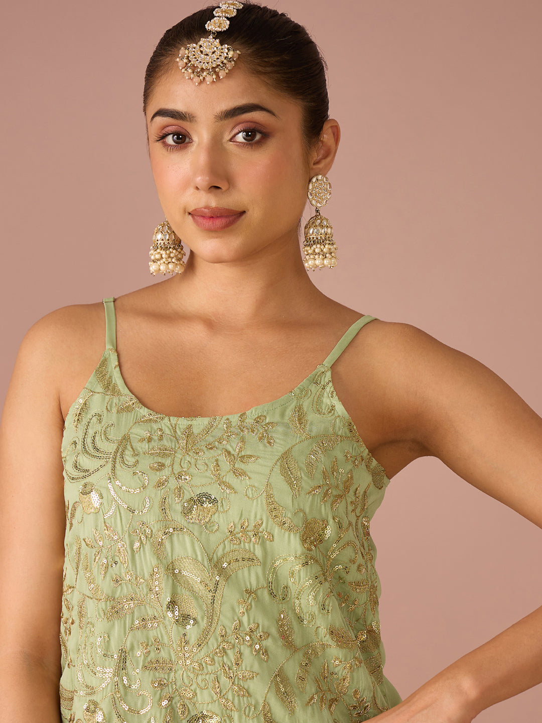 Janasya Women's Mint Green Georgette Floral Zari Embroidered Straight Kurta with Sharara & Dupatta Set