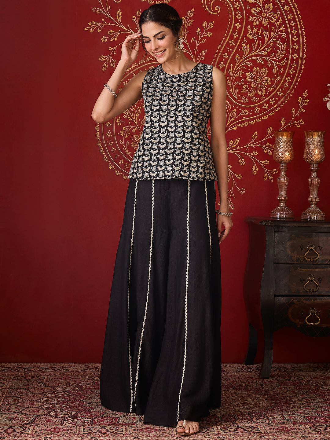 Janasya Women's Black Silk Blend Zari Embroidered Straight Co-Ord Set