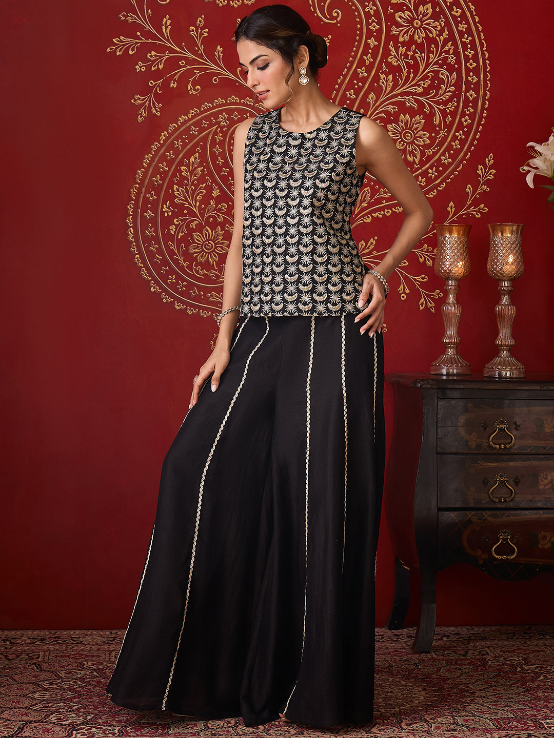 Janasya Women's Black Silk Blend Zari Embroidered Straight Co-Ord Set