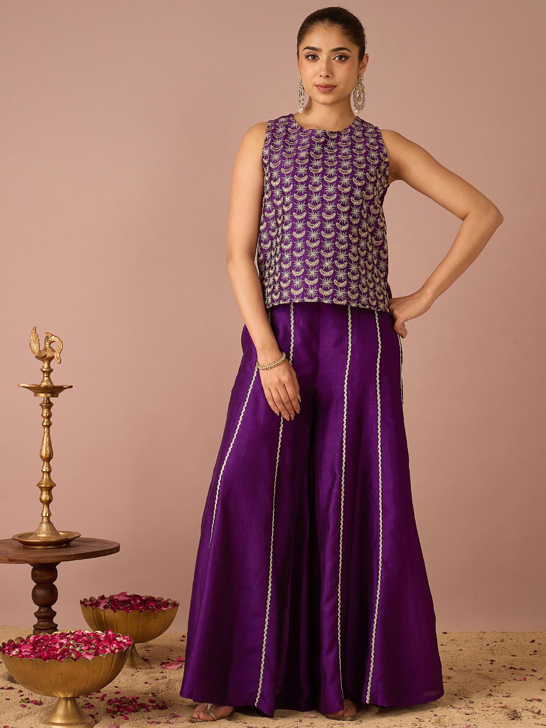 Janasya Women's Purple Silk Blend Zari Embroidered Straight Co-Ord Set