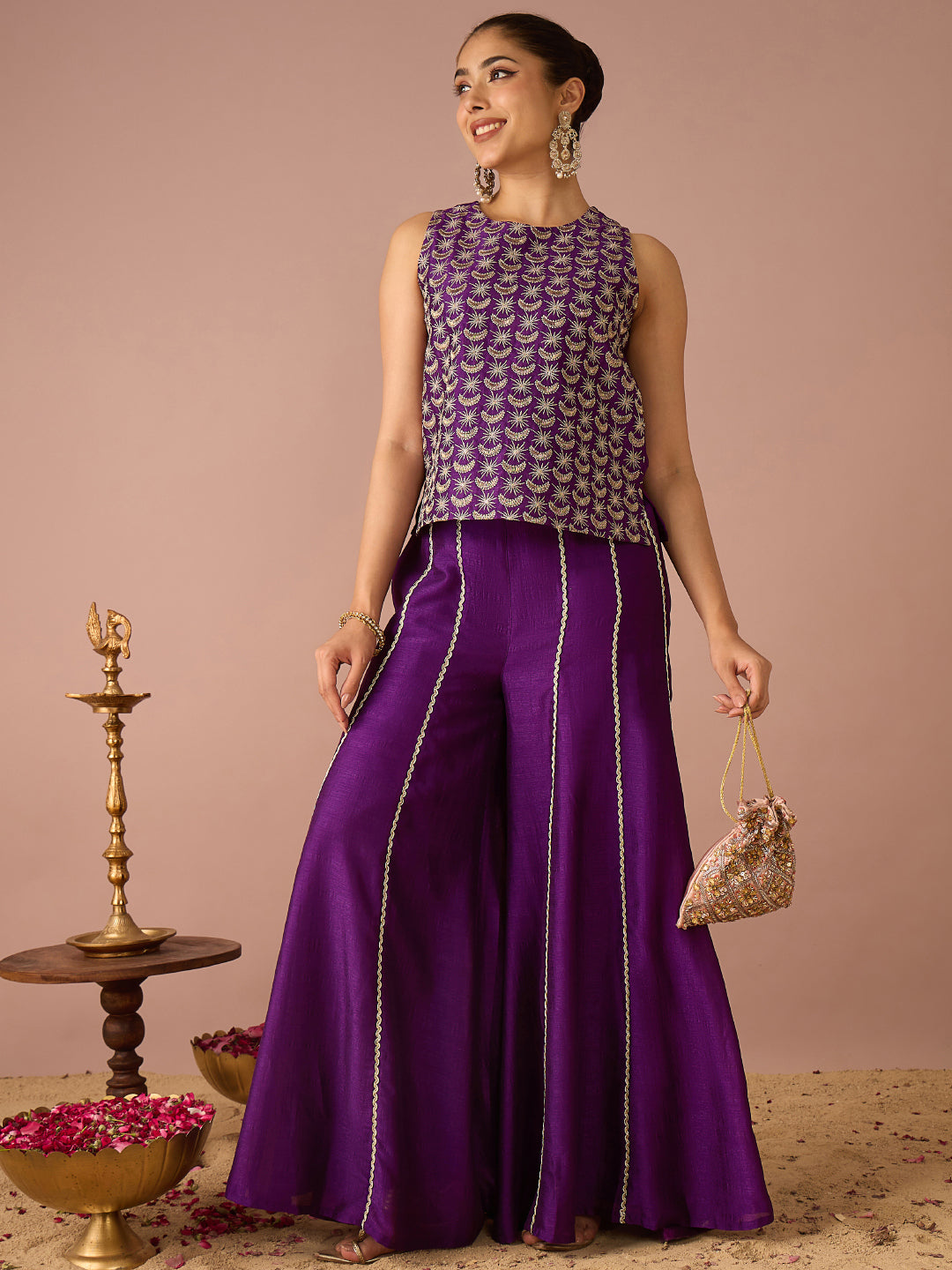 Janasya Women's Purple Silk Blend Zari Embroidered Straight Co-Ord Set