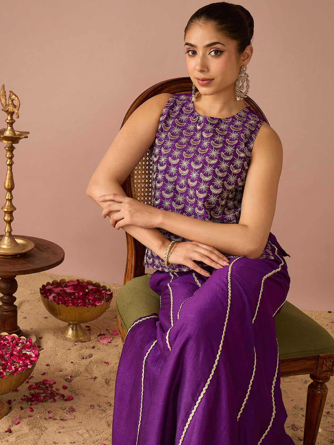 Janasya Women's Purple Silk Blend Zari Embroidered Straight Co-Ord Set