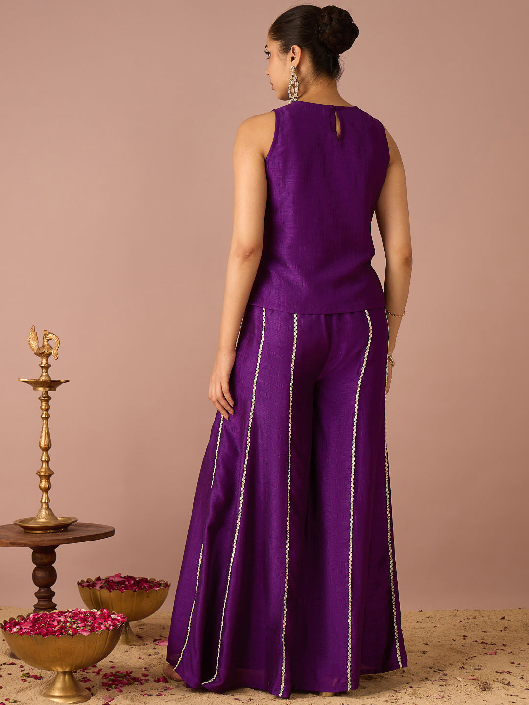 Janasya Women's Purple Silk Blend Zari Embroidered Straight Co-Ord Set