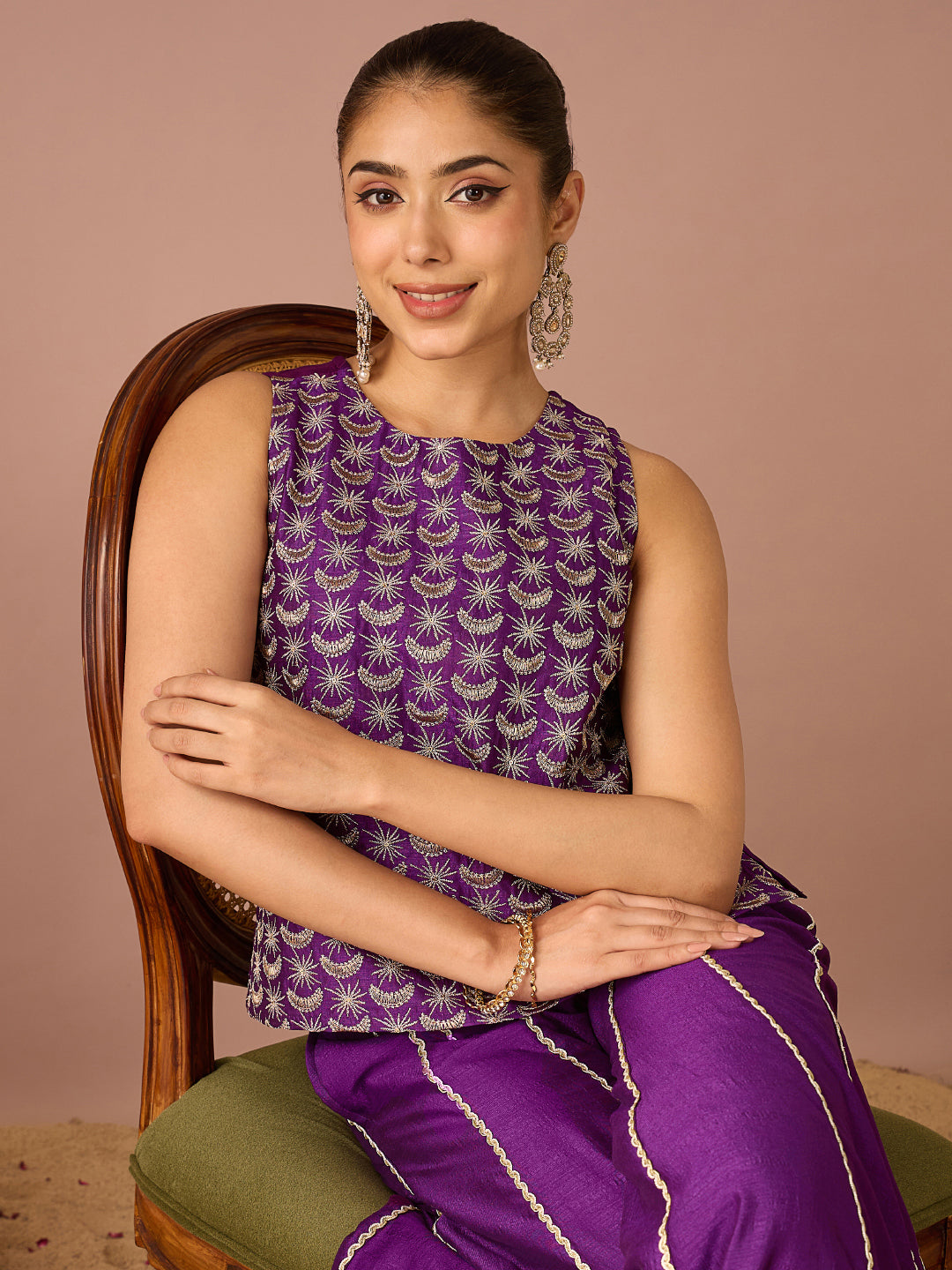 Janasya Women's Purple Silk Blend Zari Embroidered Straight Co-Ord Set
