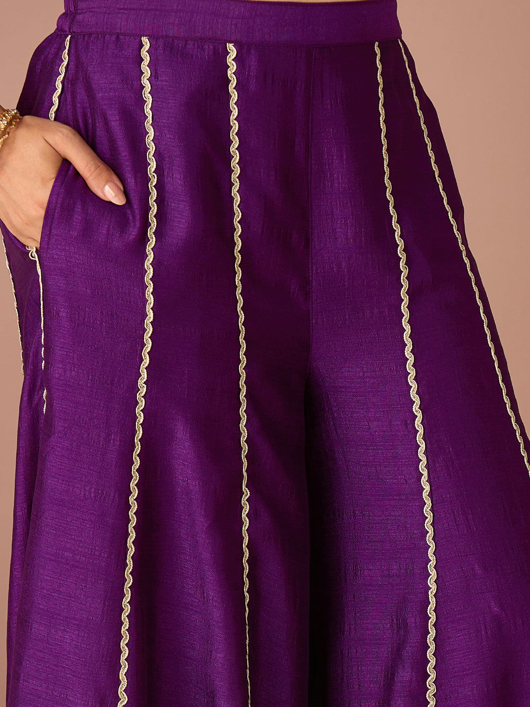 Janasya Women's Purple Silk Blend Zari Embroidered Straight Co-Ord Set