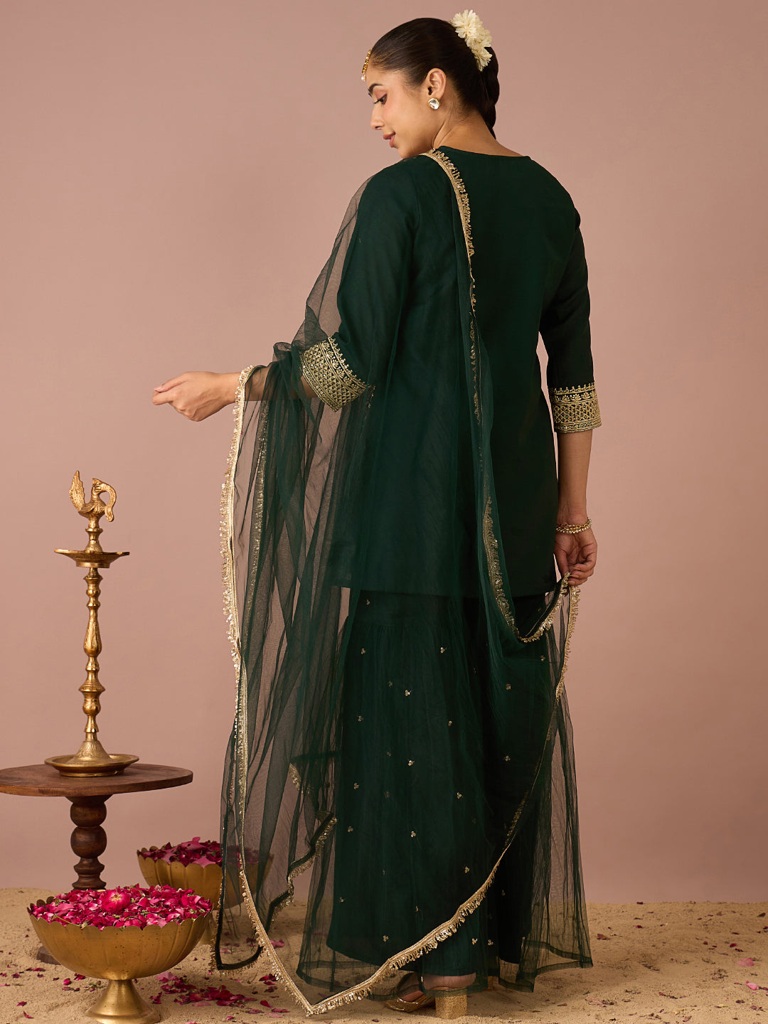 Janasya Women's Bottle Green Chanderi Silk Floral Sequins and Zari Embroidered Straight Kurta with Sharara and Dupatta Set