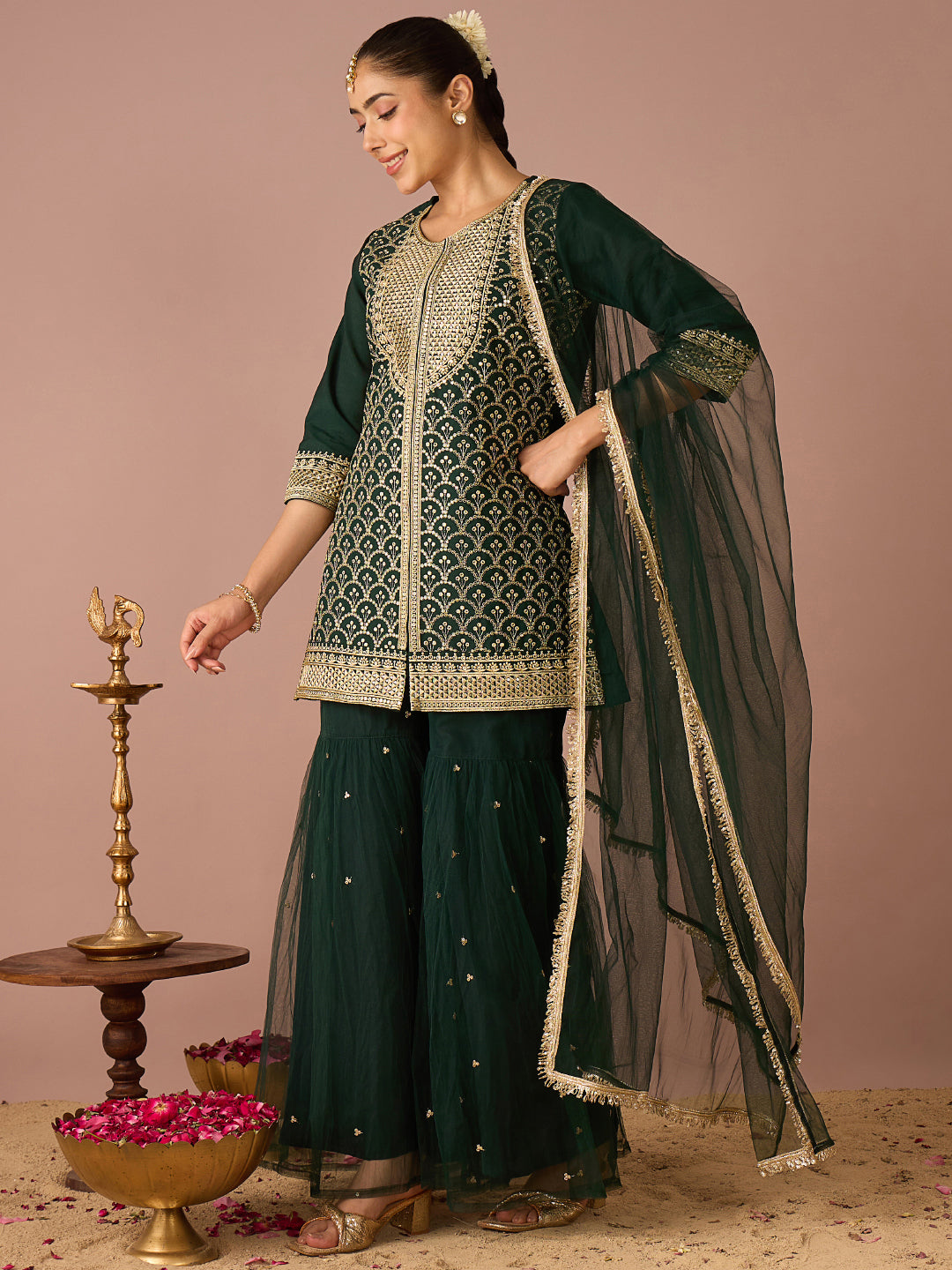 Janasya Women's Bottle Green Chanderi Silk Floral Sequins and Zari Embroidered Straight Kurta with Sharara and Dupatta Set