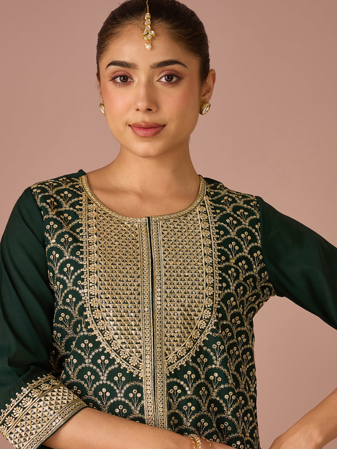 Janasya Women's Bottle Green Chanderi Silk Floral Sequins and Zari Embroidered Straight Kurta with Sharara and Dupatta Set