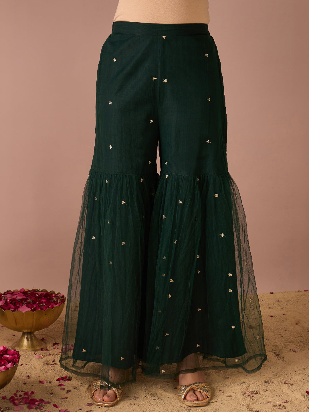 Janasya Women's Bottle Green Chanderi Silk Floral Sequins and Zari Embroidered Straight Kurta with Sharara and Dupatta Set
