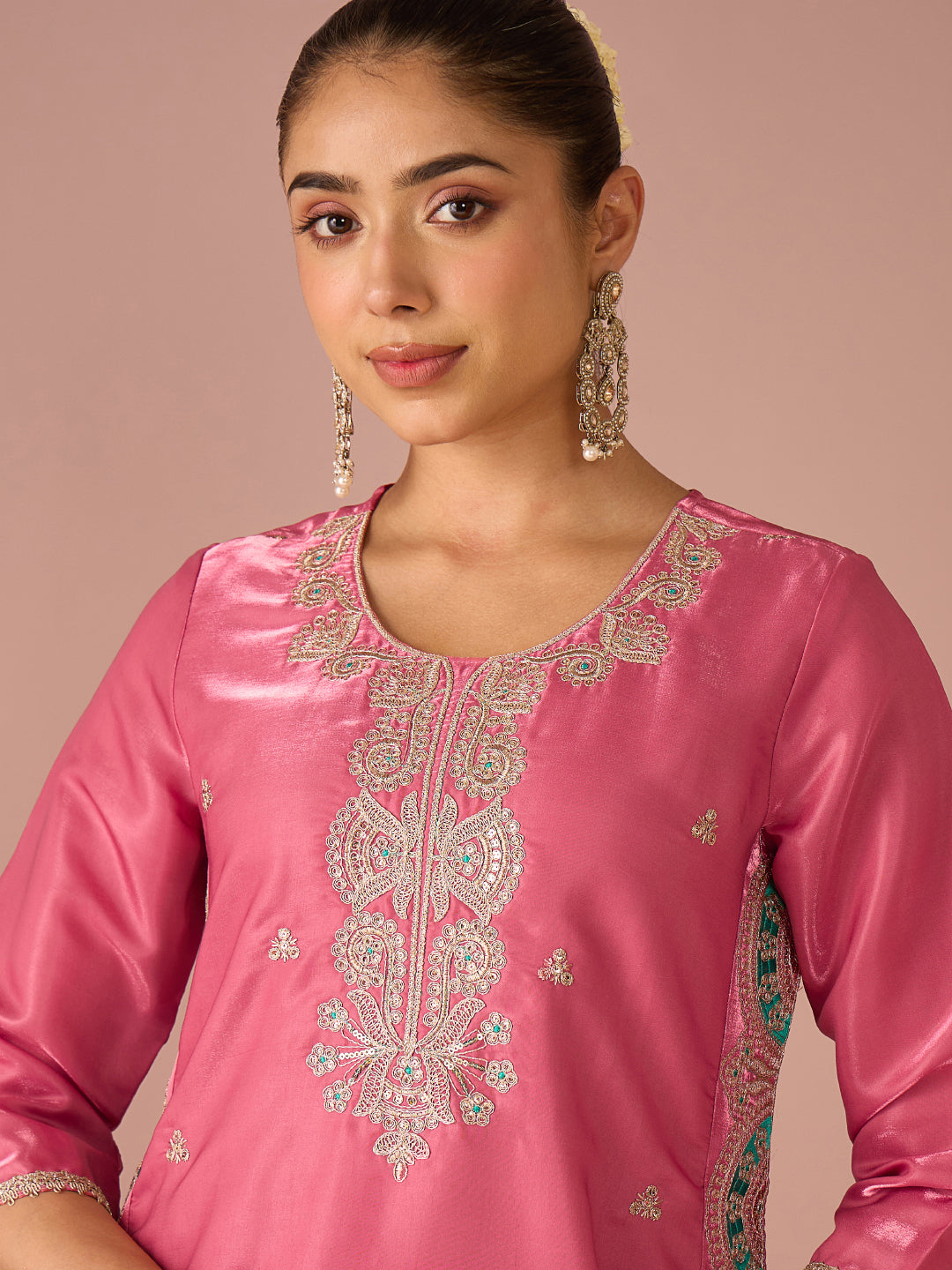 Janasya Women's Pink Silk Blend Floral Zari Embroidered Straight Kurta Set