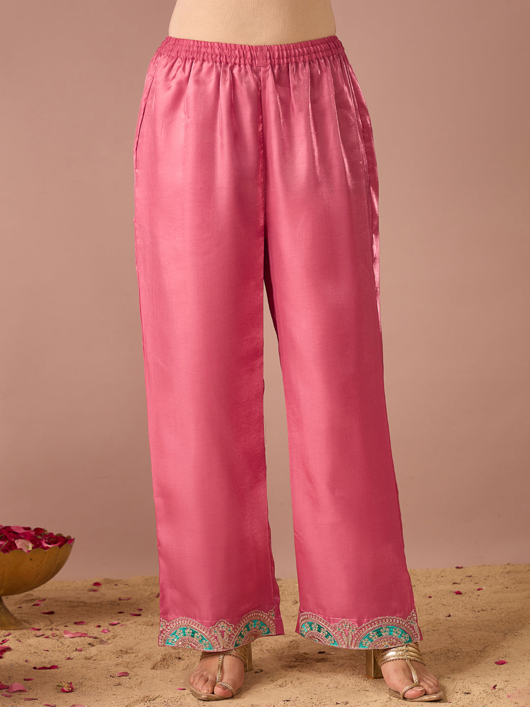 Janasya Women's Pink Silk Blend Floral Zari Embroidered Straight Kurta Set