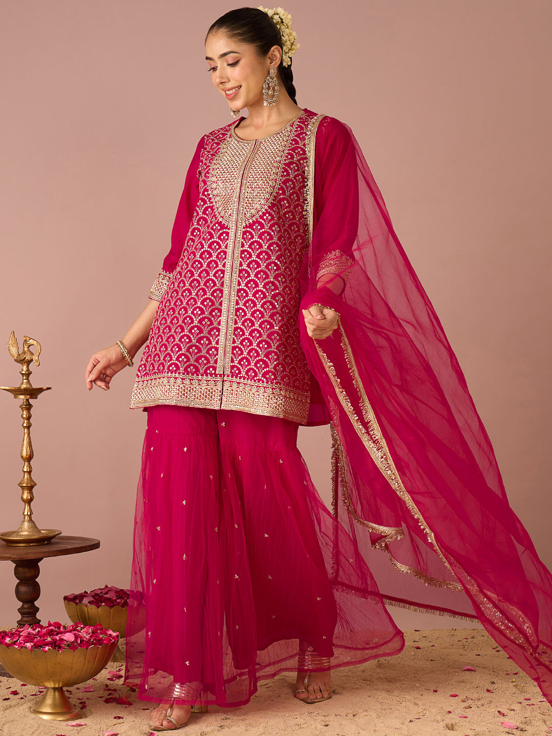 Janasya Women's Pink Chanderi Silk Floral Sequins and Zari Embroidered Straight Kurta with Sharara and Dupatta Set